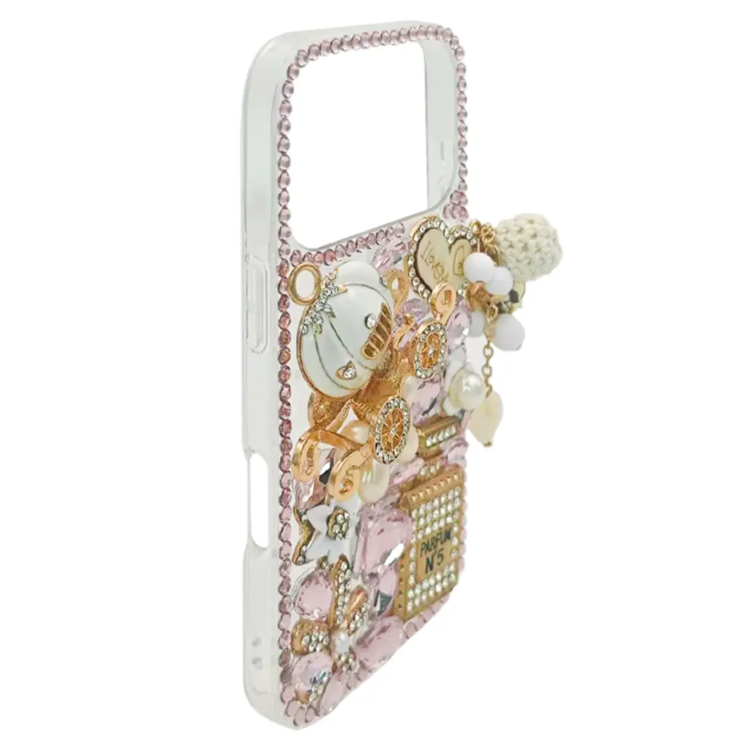 iPhone 17 Pro Max Dream Crystal Pumpkin Perfume Bottle Full Diamond with Ornaments TPU Case Pink