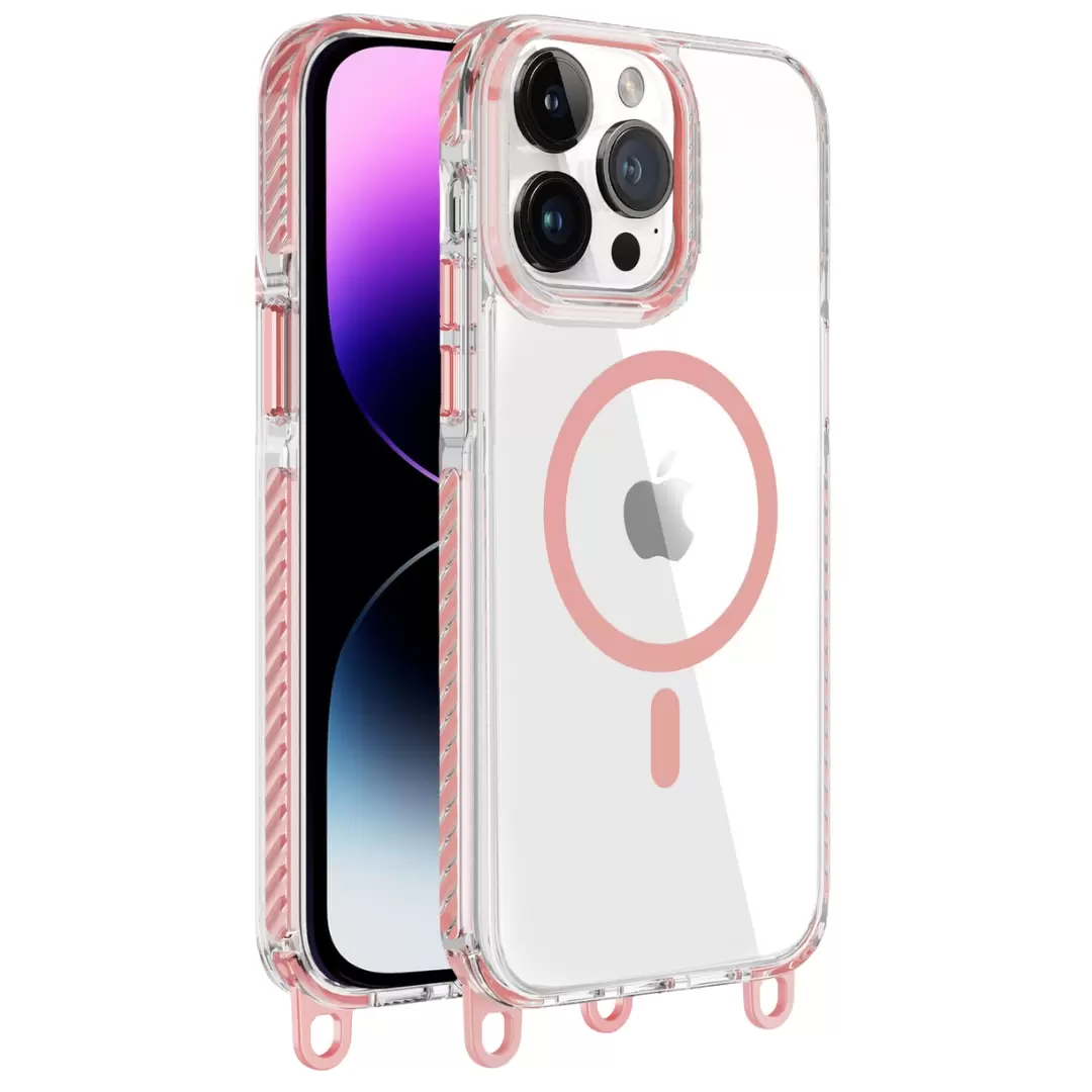 iPhone 15 Pro Max/iPhone 14 Pro Max Magsafe Clear Twotone Case with Lanyard Pink