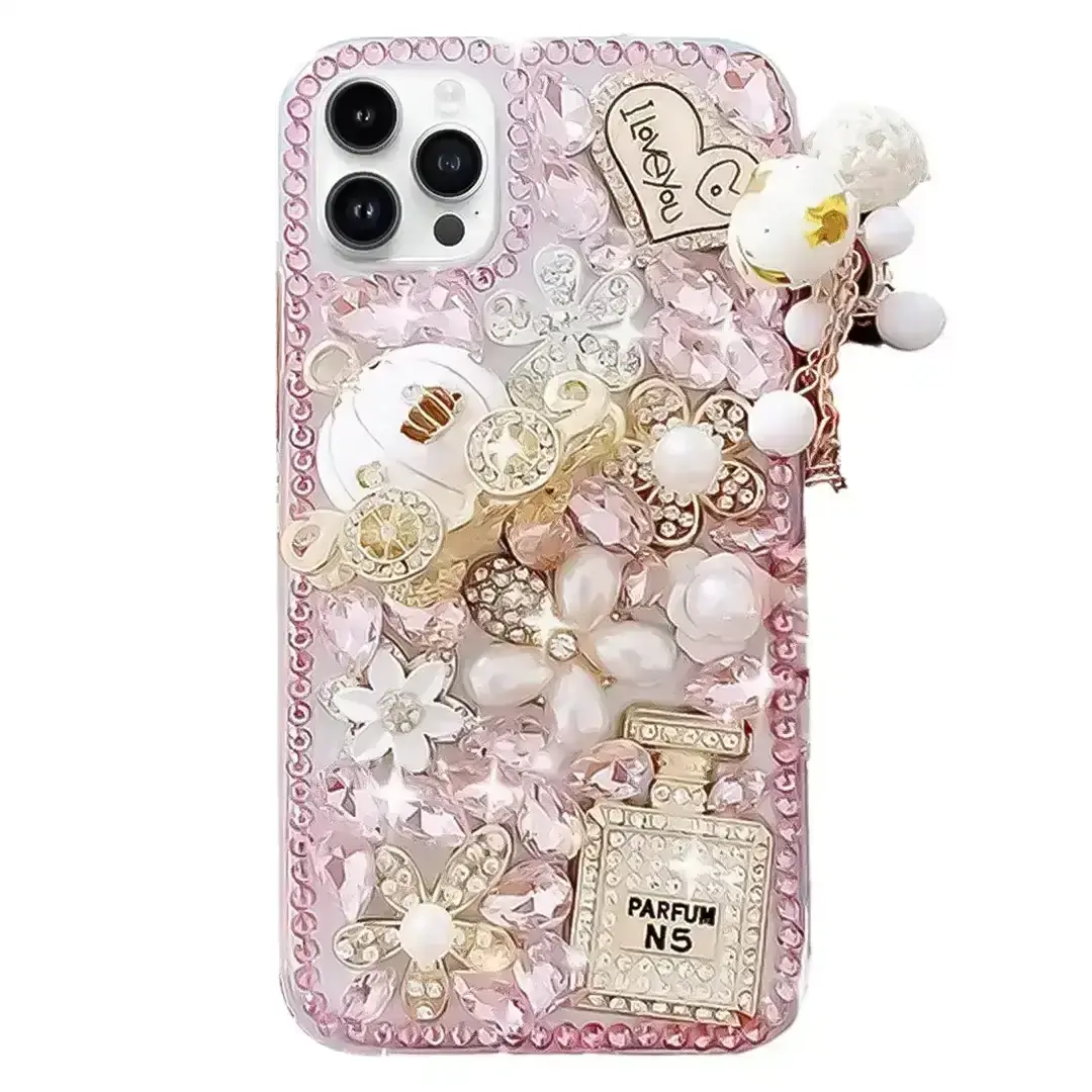 iPhone 17 Air Dream Crystal Pumpkin Perfume Bottle Full Diamond with Ornaments TPU Case Pink