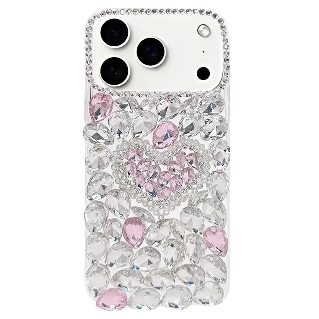 iPhone 17 Pro Max Dream Crystal Love Full Diamond with Ornaments TPU Case Pink