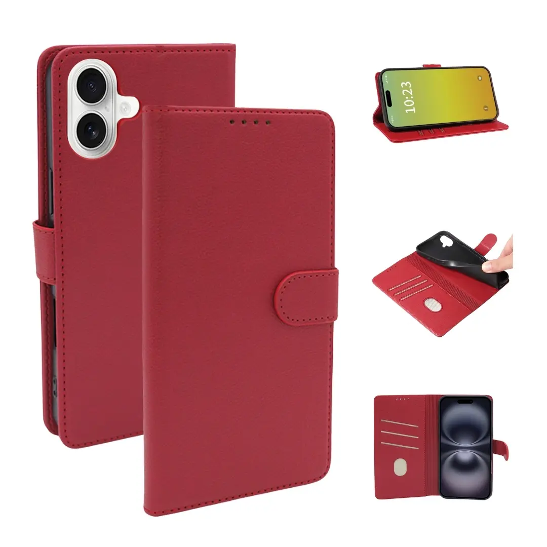 iPhone 16 PU Leather Wallet Case Red