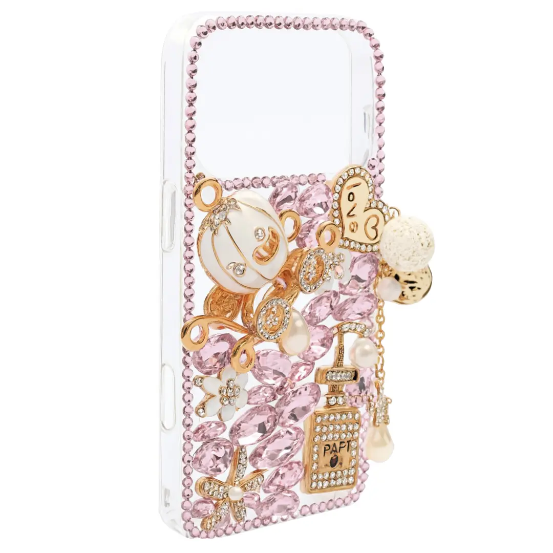 iPhone 17 Pro Dream Crystal Pumpkin Perfume Bottle Full Diamond with Ornaments TPU Case Pink
