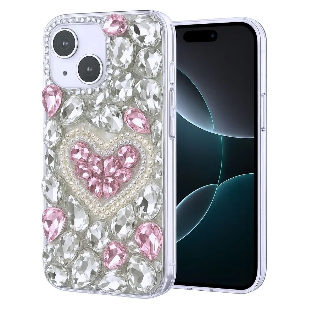 iPhone 15/iPhone 14/iPhone 13 Dream Crystal Love Full Diamond with Ornaments TPU Case Pink