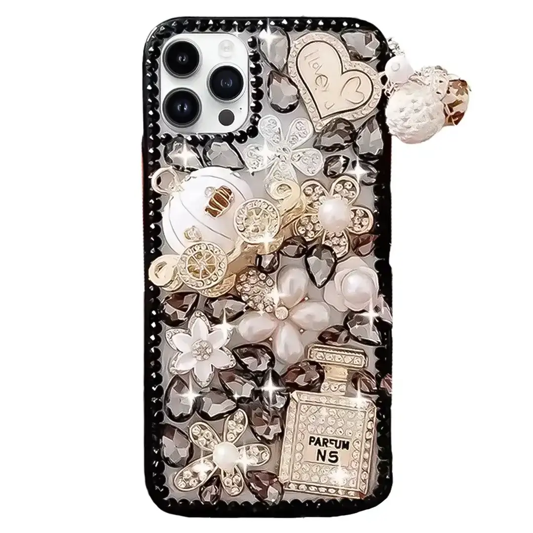 iPhone 15 Pro Max/iPhone 14 Pro Max Dream Crystal Pumpkin Perfume Bottle Full Diamond with Ornaments TPU Case Black