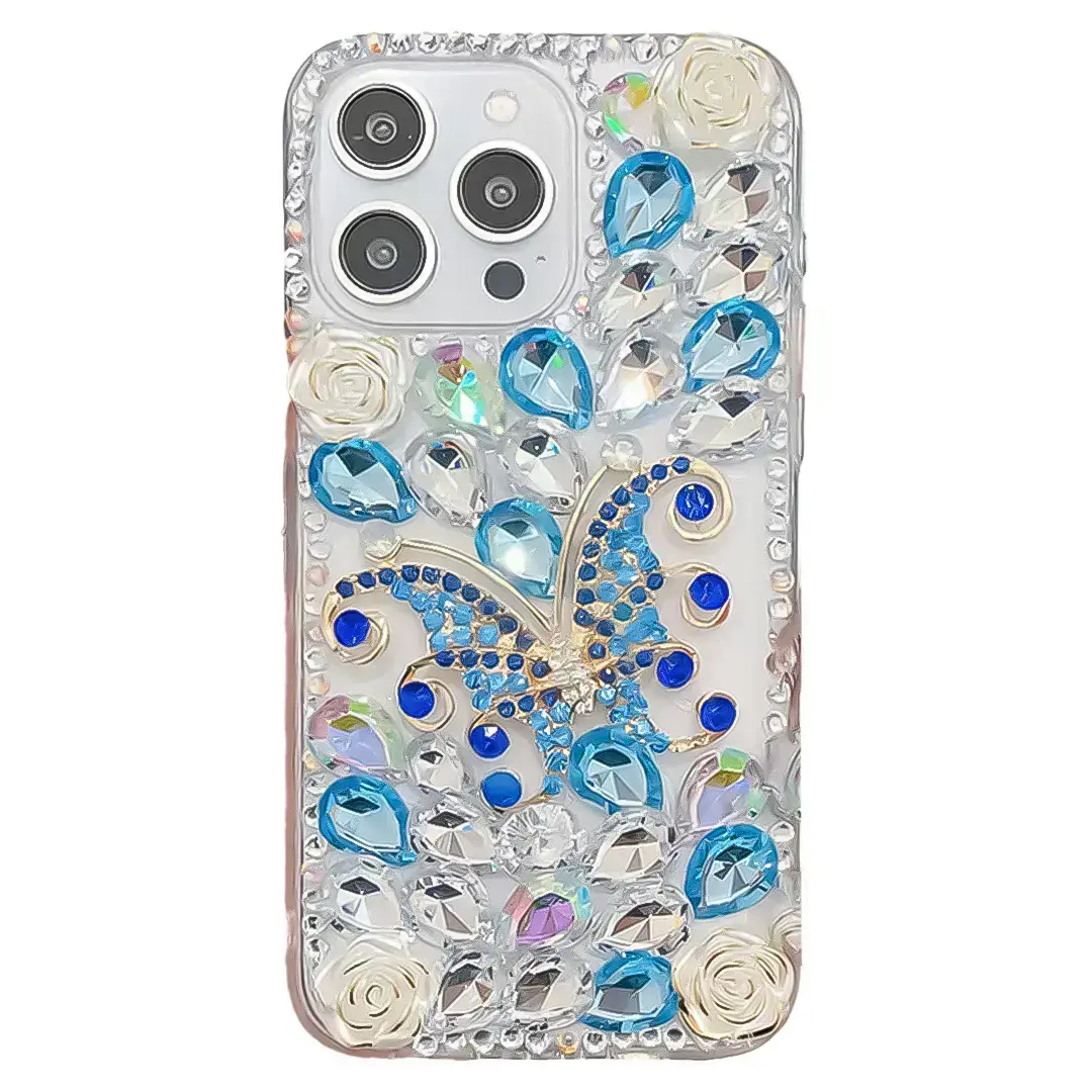 iPhone 17 Air Dream Crystal Butterfly Full Diamond with Ornaments TPU Case Blue
