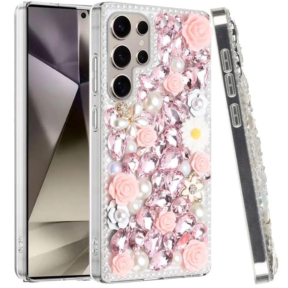 Samsung Galaxy S25 Ultra Dream Crystal Gradient Flowers Full Diamond with Ornaments TPU Case Pink