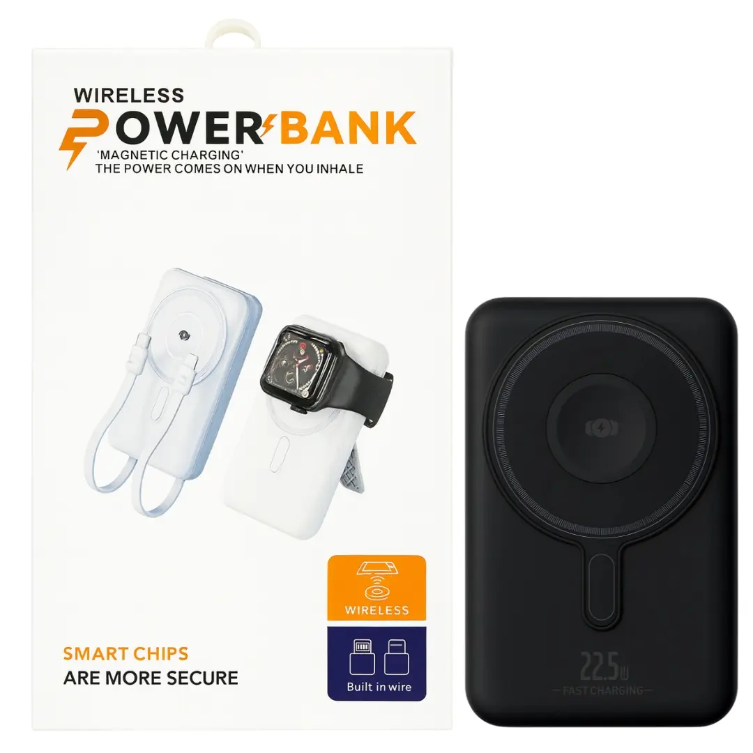 Power Bank- Magnetic Wireless with Built-in Cable 10000mAh Black