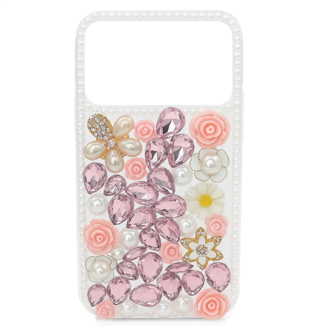 iPhone 17 Pro Dream Crystal Gradient Flowers Full Diamond with Ornaments TPU Case Pink