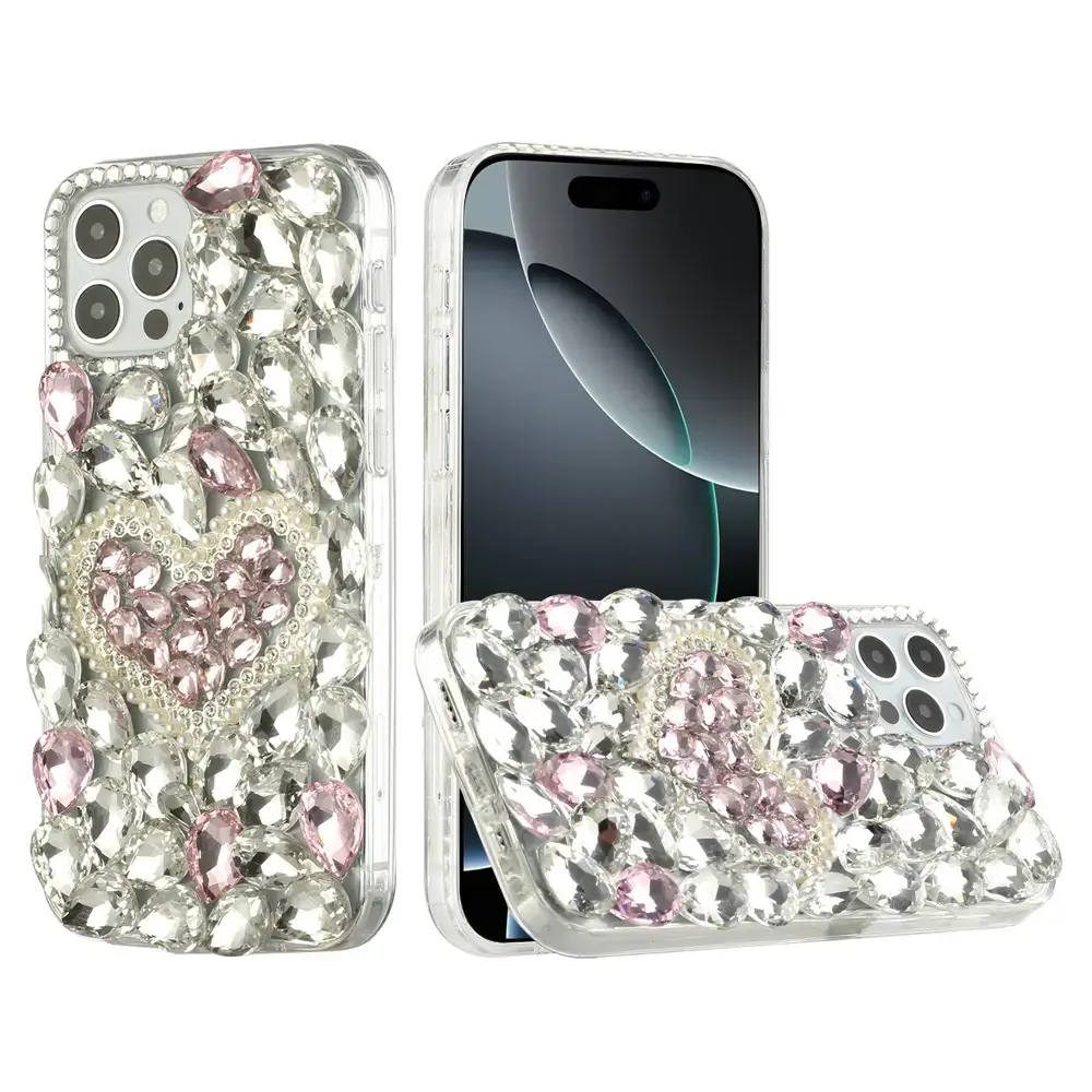 iPhone 17 Pro Max Dream Crystal Love Full Diamond with Ornaments TPU Case Pink