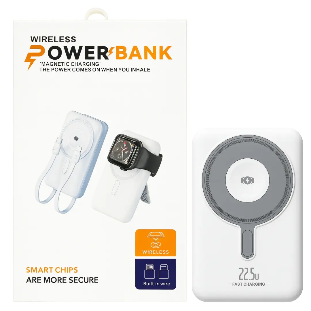 Power Bank- Magnetic Wireless with Built-in Cable 10000mAh White