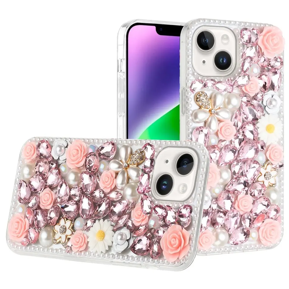 iPhone 15/iPhone 14/iPhone 13 Dream Crystal Gradient Flowers Full Diamond with Ornaments TPU Case Pink