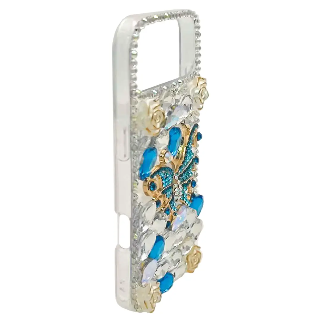 iPhone 17 Air Dream Crystal Butterfly Full Diamond with Ornaments TPU Case Blue