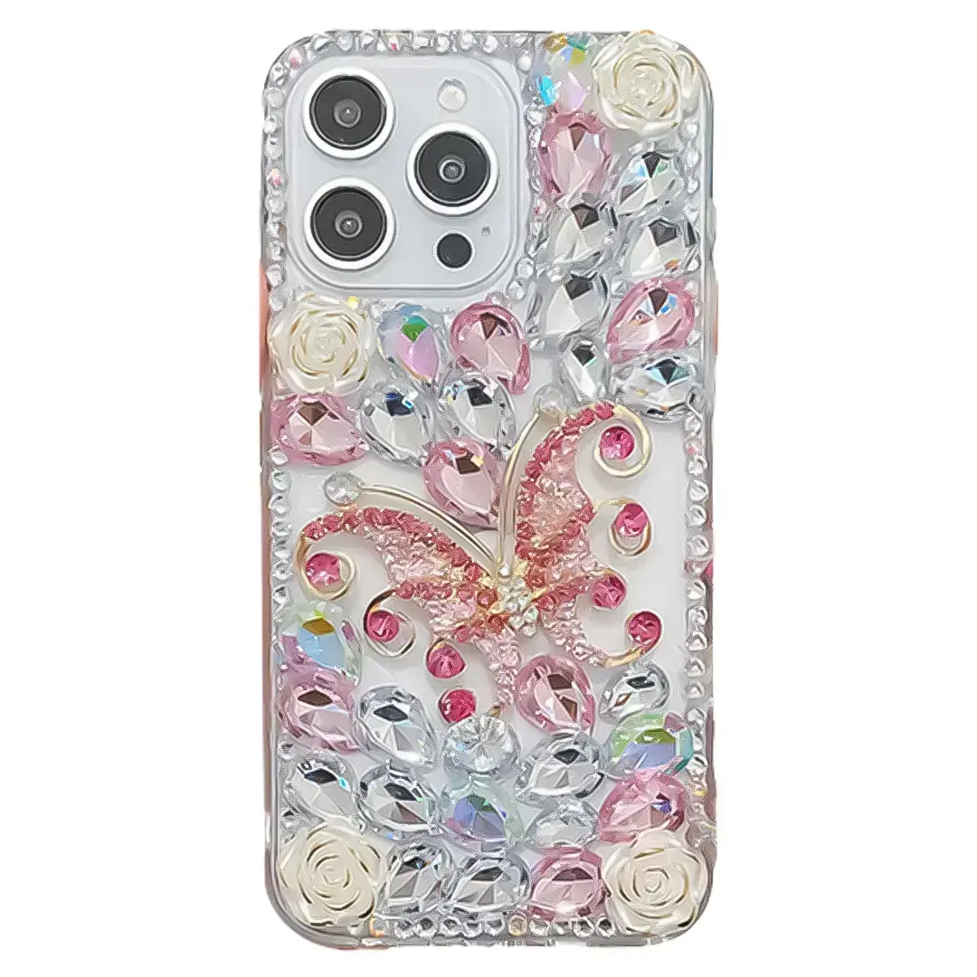 iPhone 17 Air Dream Crystal Butterfly Full Diamond with Ornaments TPU Case Pink
