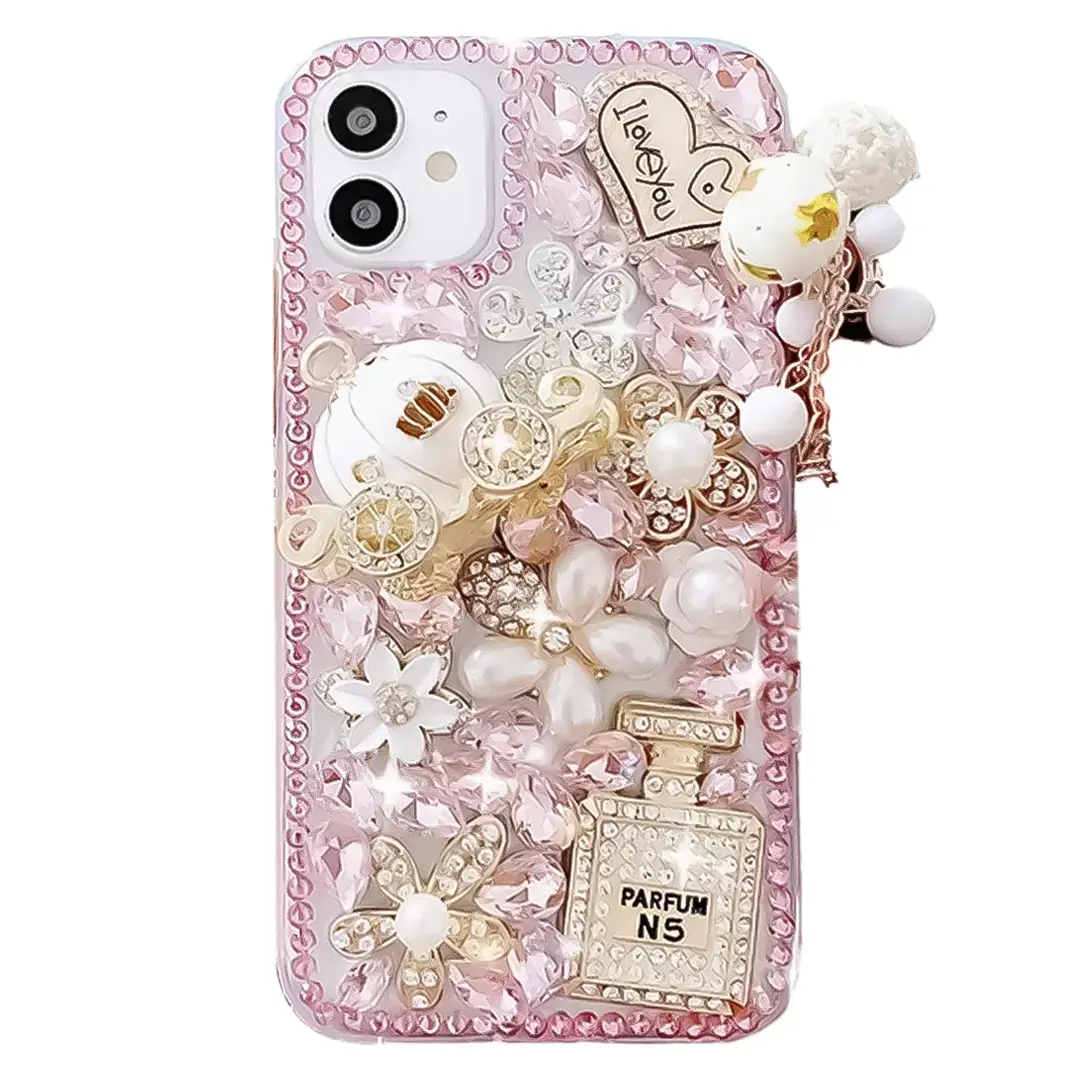 iPhone 17 Dream Crystal Pumpkin Perfume Bottle Full Diamond with Ornaments TPU Case Pink