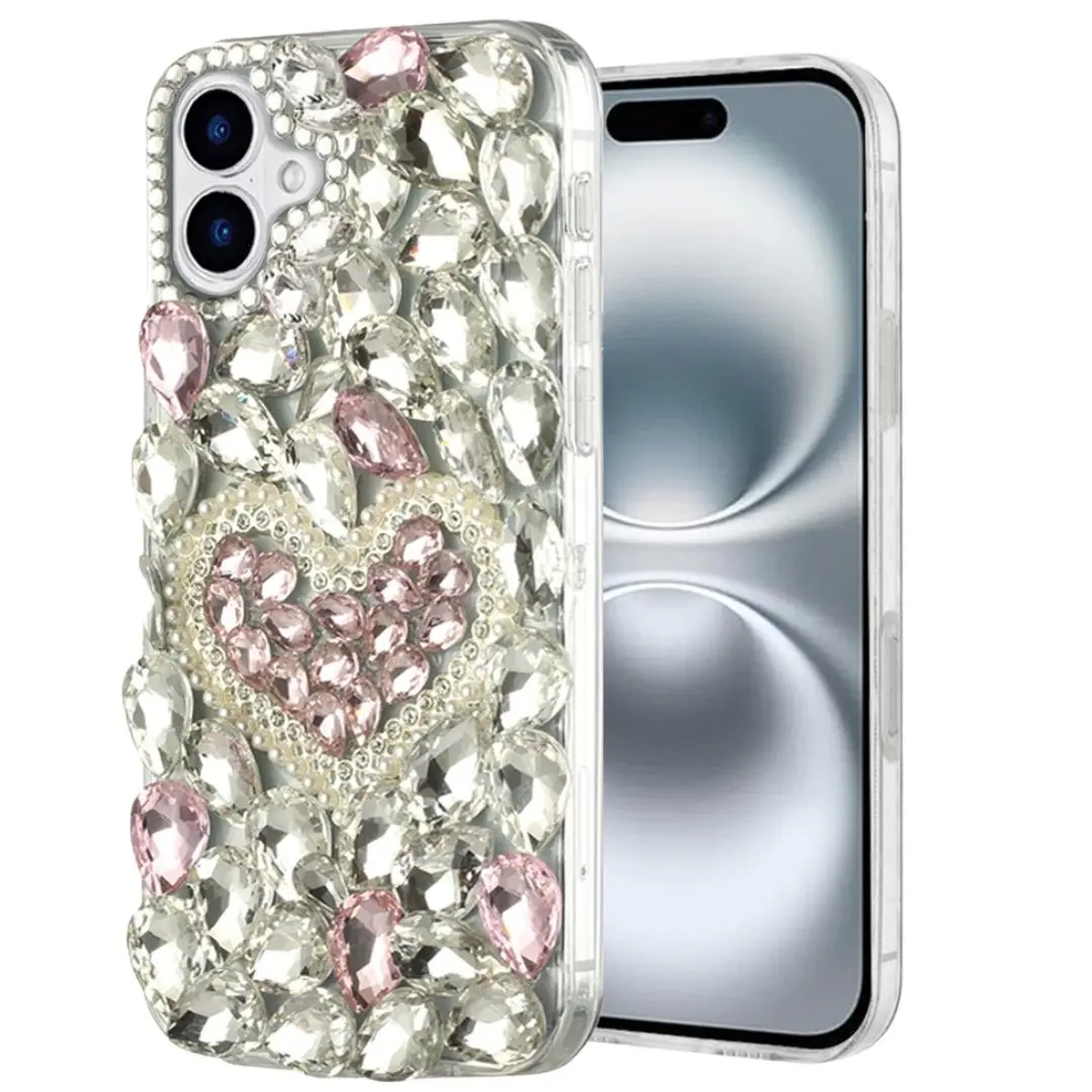 iPhone 16 Dream Crystal Love Full Diamond with Ornaments TPU Case Pink