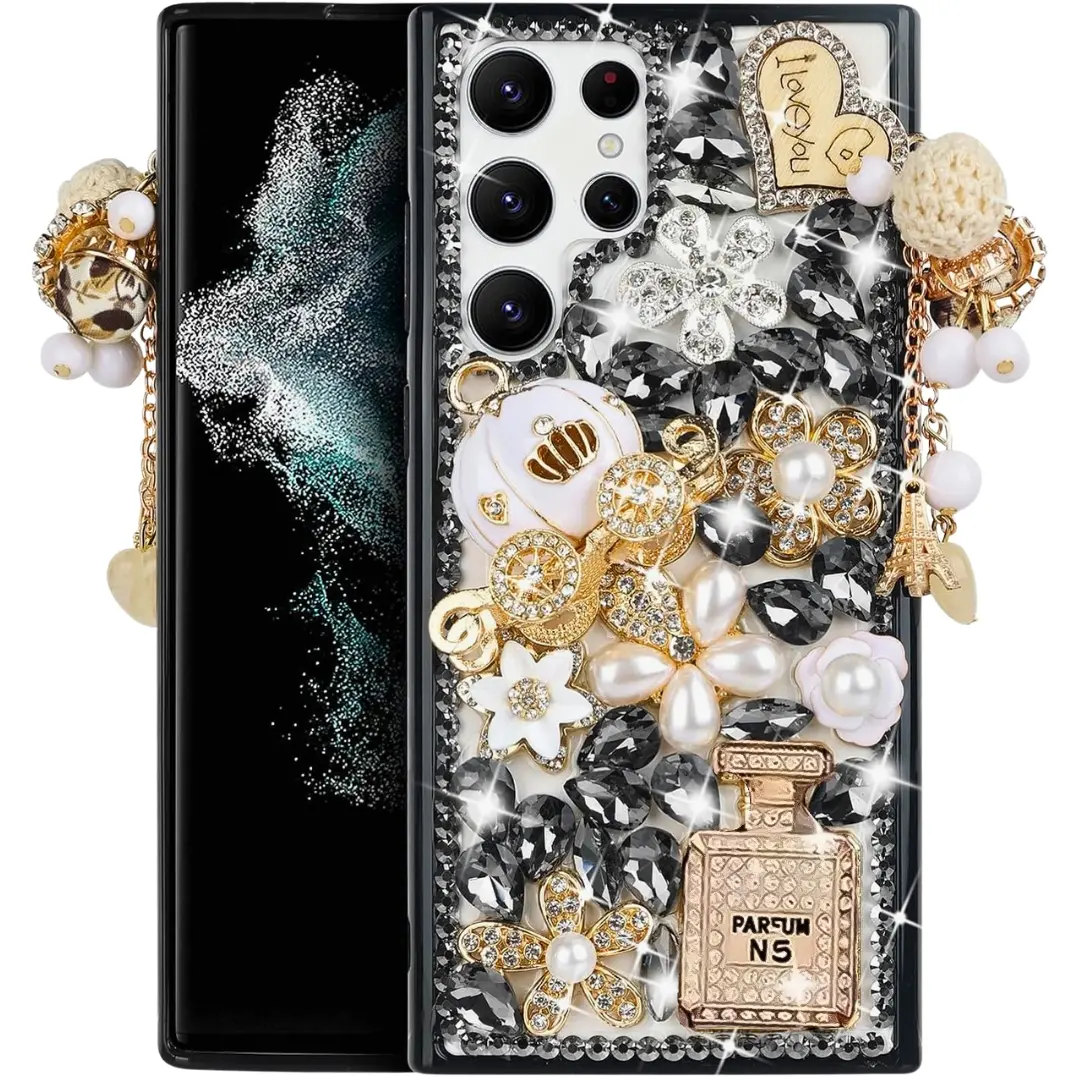 Samsung Galaxy S25 Ultra Dream Crystal Pumpkin Perfume Bottle Full Diamond with Ornaments TPU Case Black