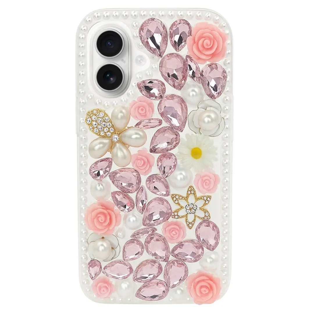 iPhone 16 Dream Crystal Gradient Flowers Full Diamond with Ornaments TPU Case Pink