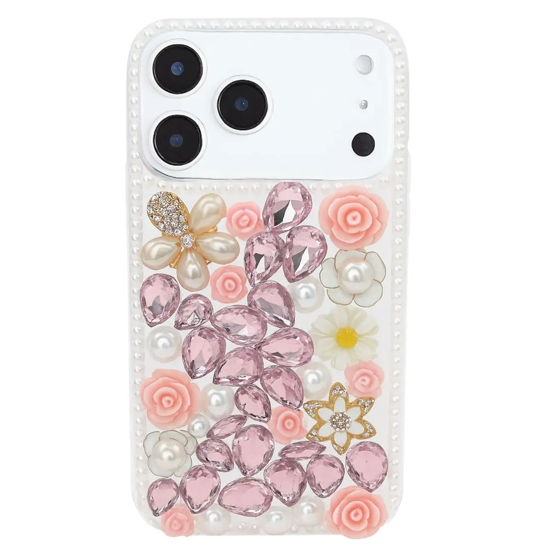 iPhone 17 Pro Max Dream Crystal Gradient Flowers Full Diamond with Ornaments TPU Case Pink