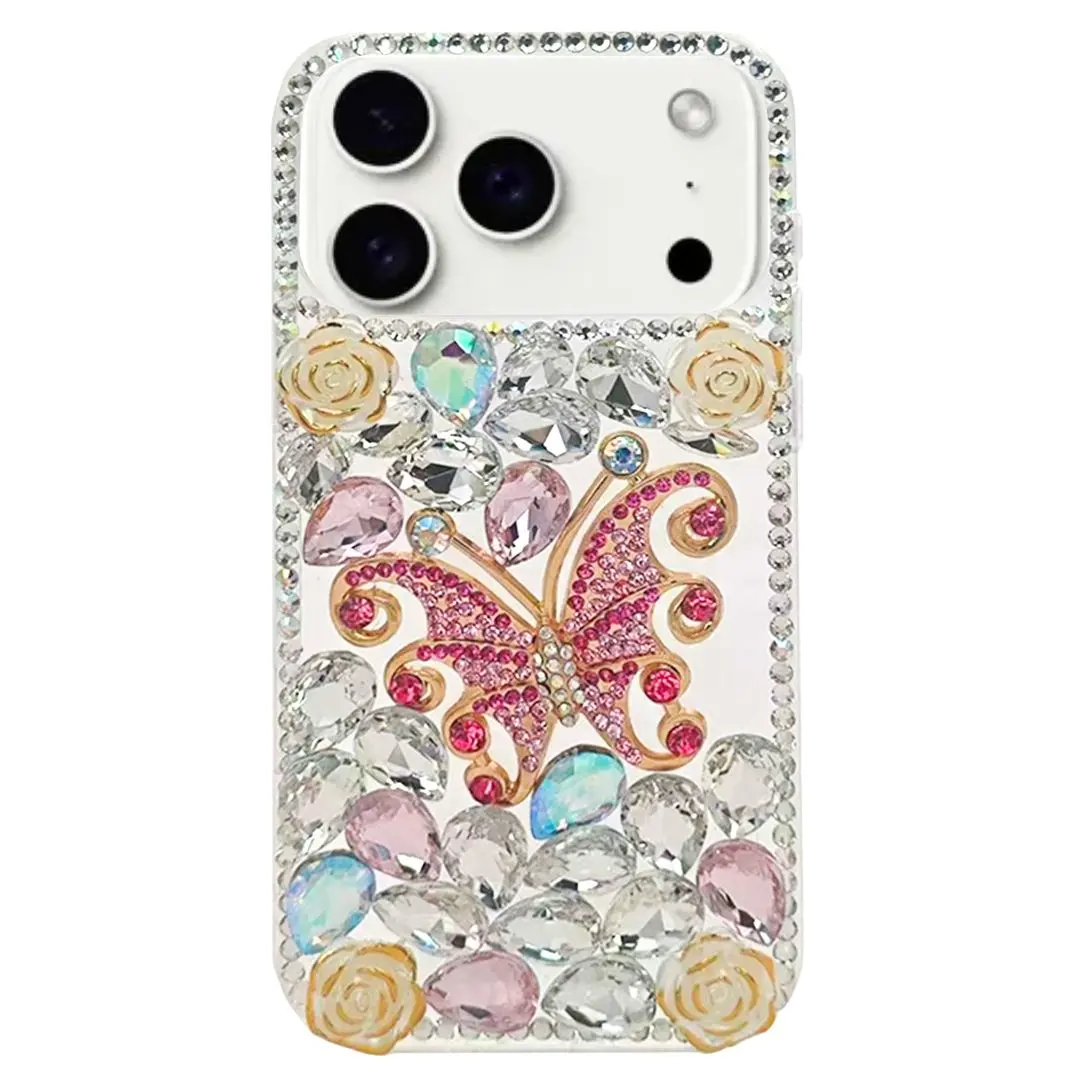 iPhone 17 Pro Max Dream Crystal Butterfly Full Diamond with Ornaments TPU Case Pink