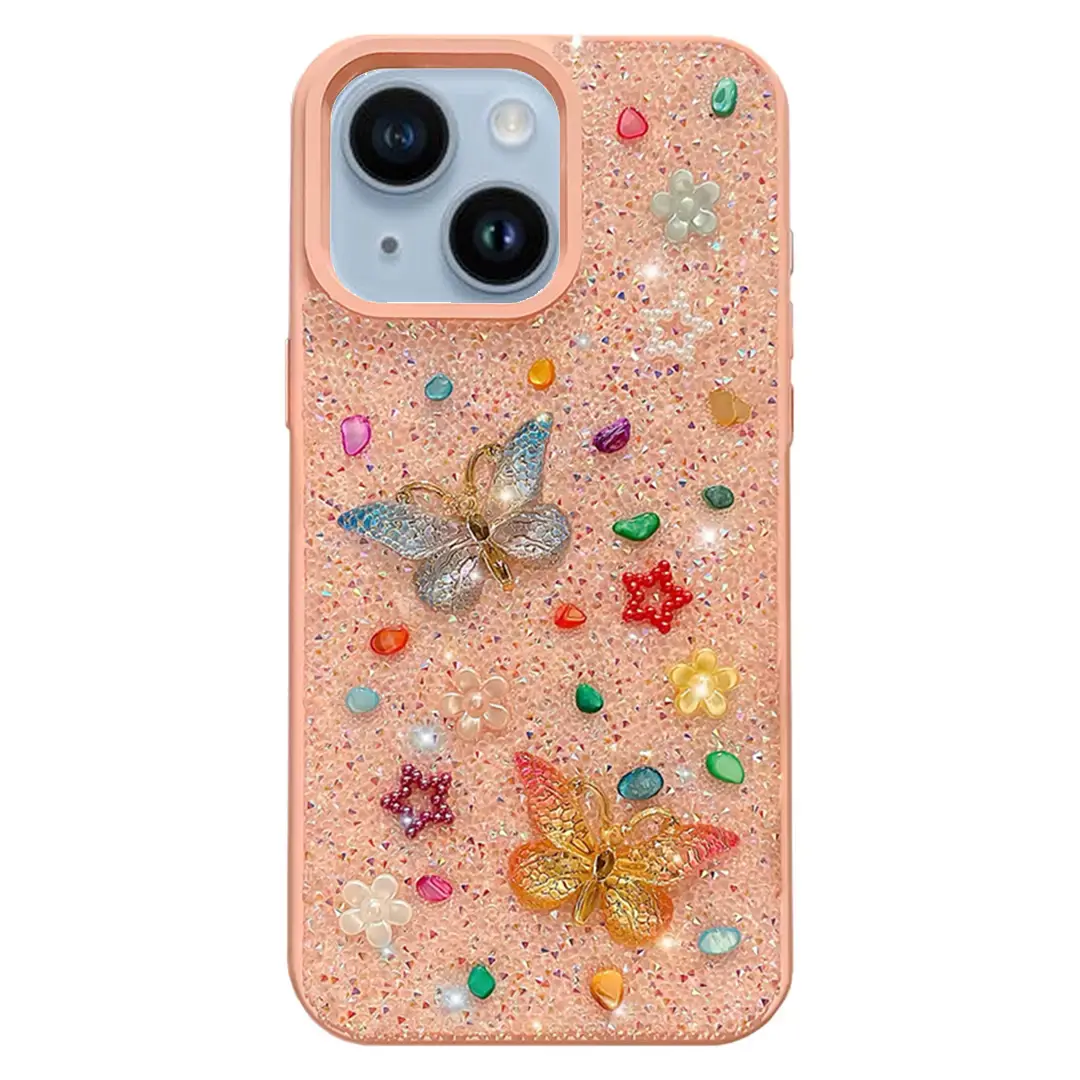 iPhone 15/iPhone 14/iPhone 13 Butterfly and Diamond Bling Case Pink