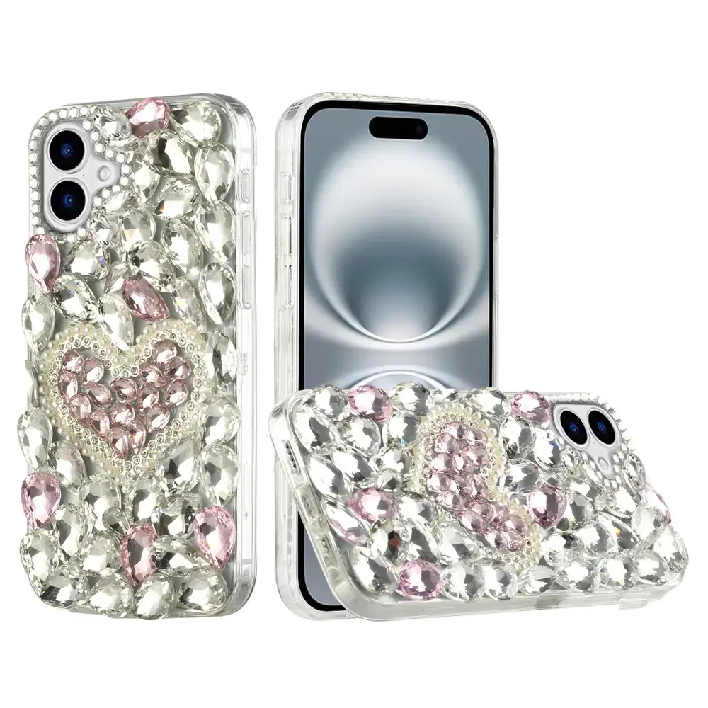 iPhone 17 Dream Crystal Love Full Diamond with Ornaments TPU Case Pink