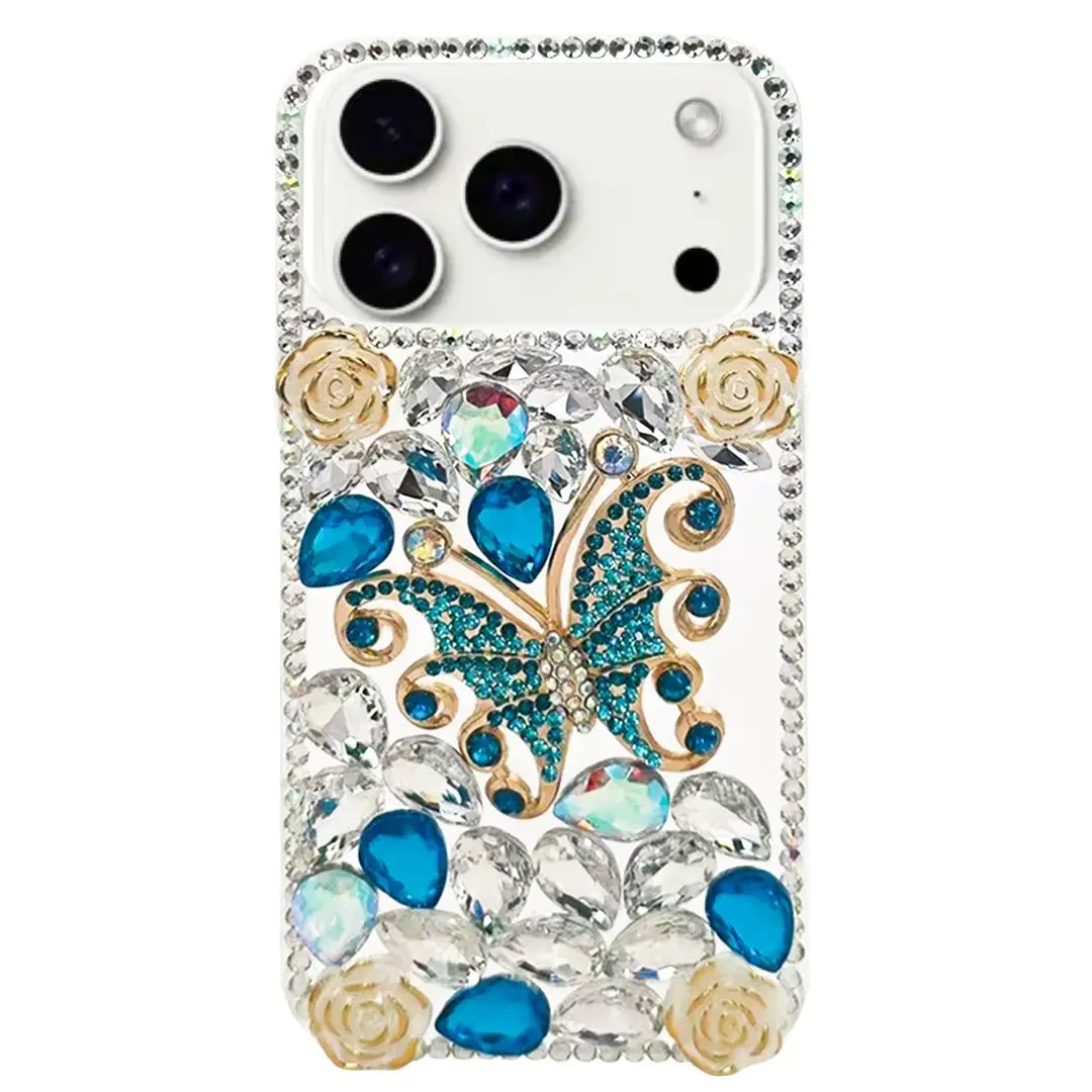iPhone 17 Pro Dream Crystal Butterfly Full Diamond with Ornaments TPU Case Blue