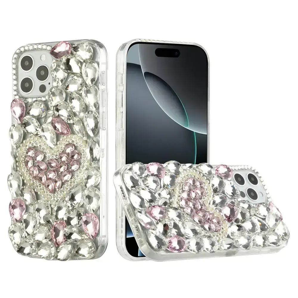 iPhone 17 Pro Dream Crystal Love Full Diamond with Ornaments TPU Case Pink