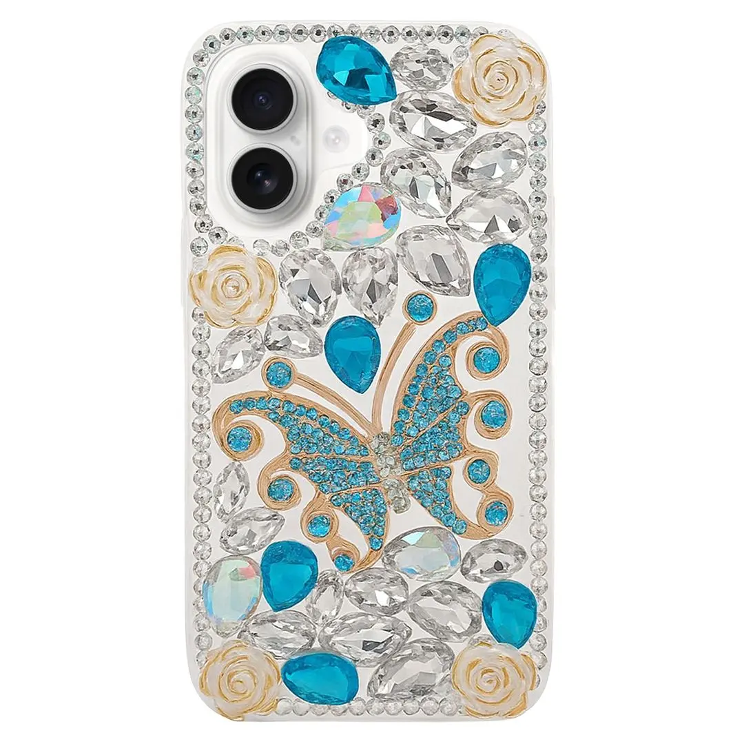 iPhone 16 Dream Crystal Butterfly Full Diamond with Ornaments TPU Case Blue