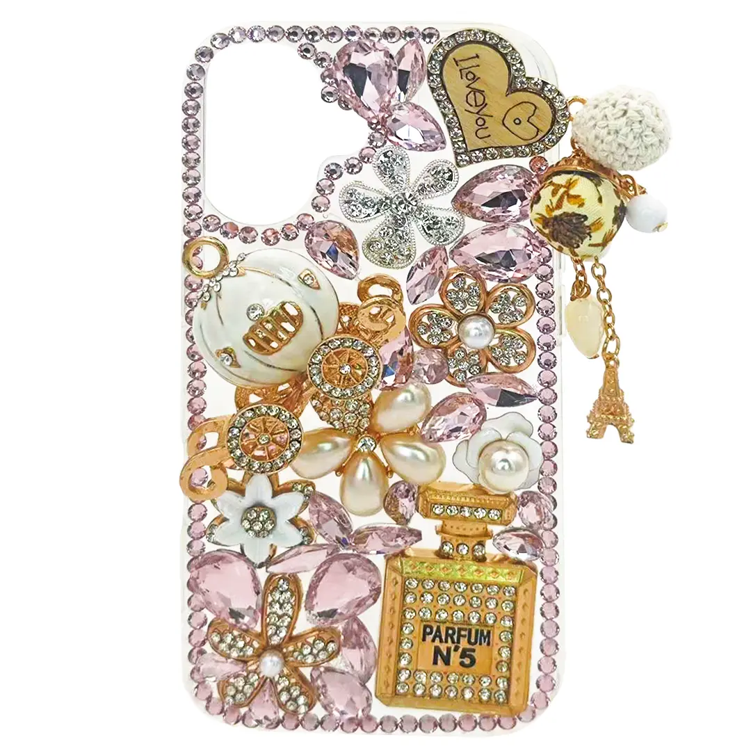 iPhone 17 Dream Crystal Pumpkin Perfume Bottle Full Diamond with Ornaments TPU Case Pink