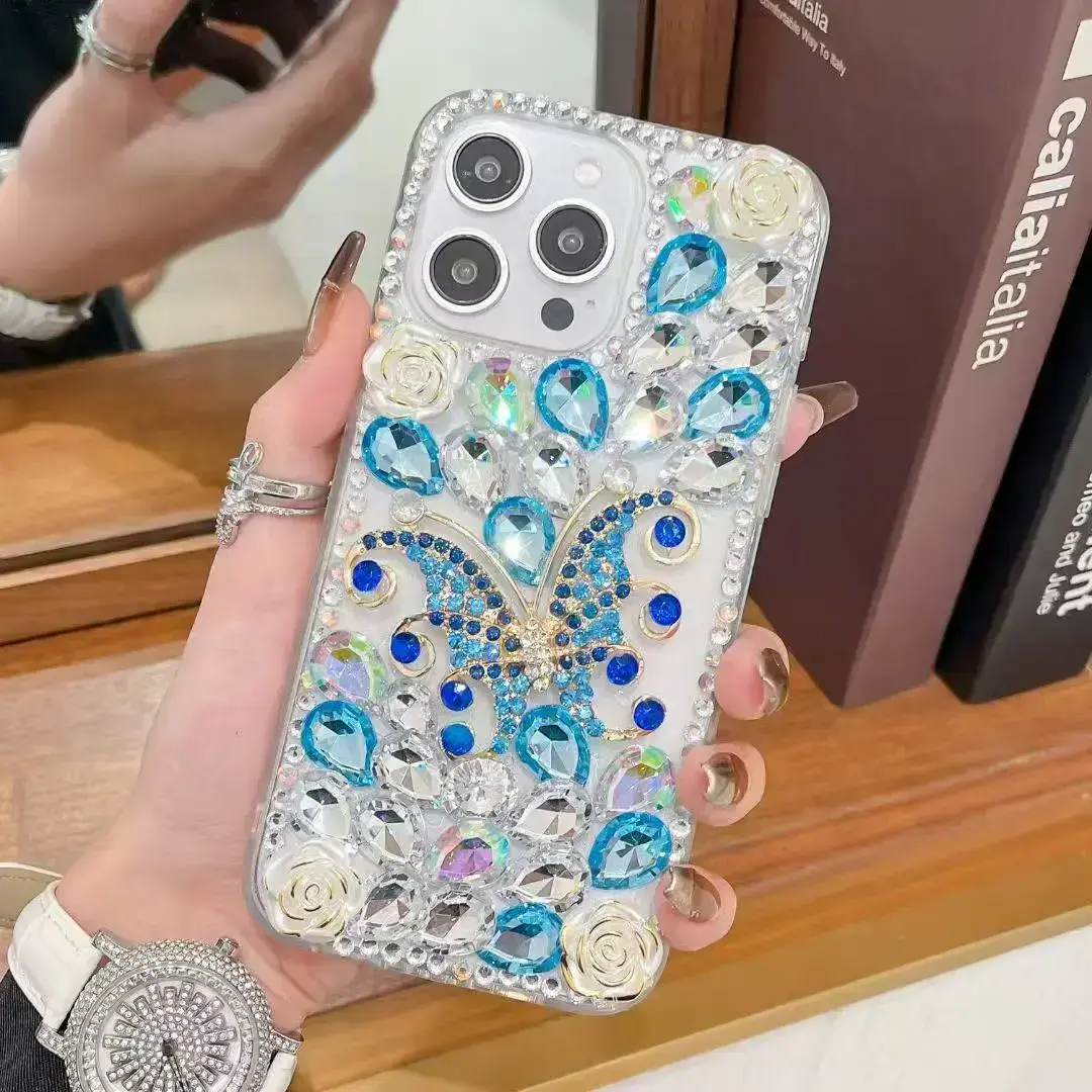 iPhone 17 Dream Crystal Butterfly Full Diamond with Ornaments TPU Case Blue