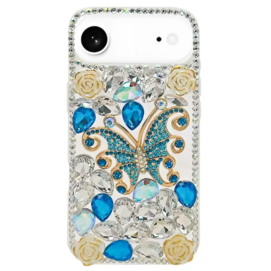 iPhone 17 Air Dream Crystal Butterfly Full Diamond with Ornaments TPU Case Blue