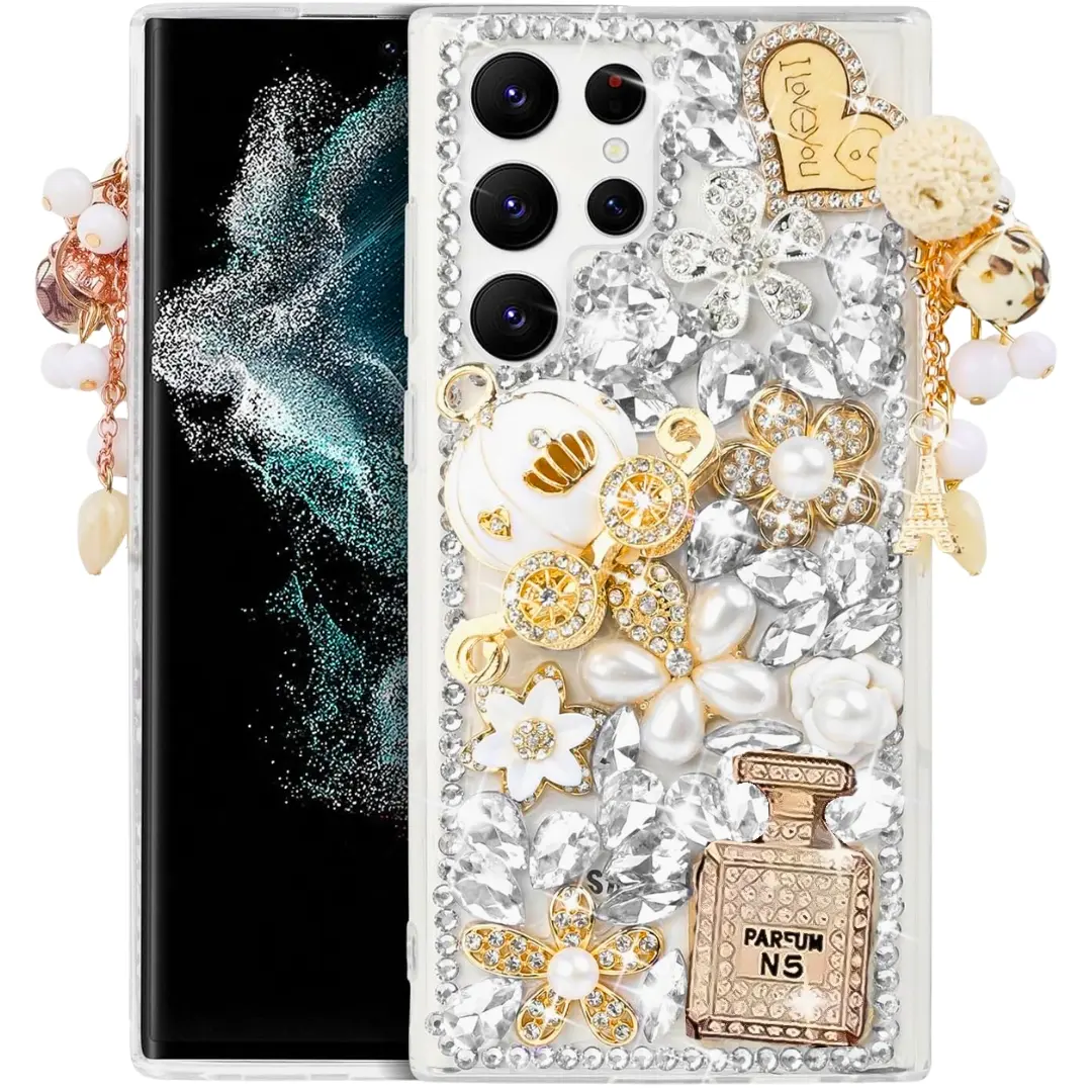 Samsung Galaxy S25 Ultra Dream Crystal Pumpkin Perfume Bottle Full Diamond with Ornaments TPU Case Silver
