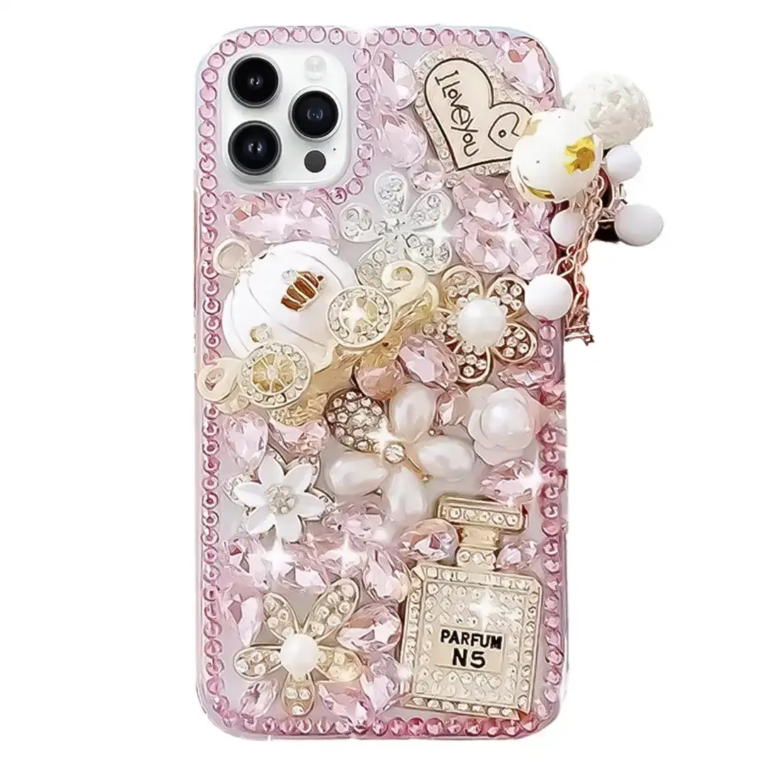 iPhone 15 Pro Max/iPhone 14 Pro Max Dream Crystal Pumpkin Perfume Bottle Full Diamond with Ornaments TPU Case Pink
