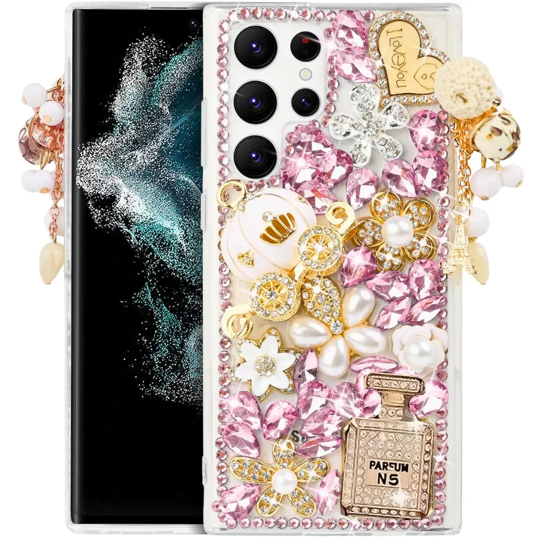 Samsung Galaxy S25 Ultra Dream Crystal Pumpkin Perfume Bottle Full Diamond with Ornaments TPU Case Pink