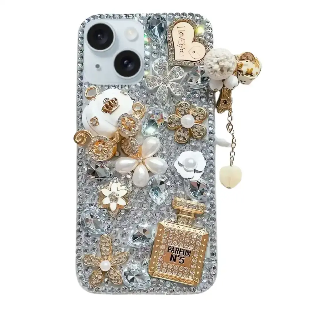 iPhone 15/iPhone 14/iPhone 13 Dream Crystal Pumpkin Perfume Bottle Full Diamond with Ornaments TPU Case Silver