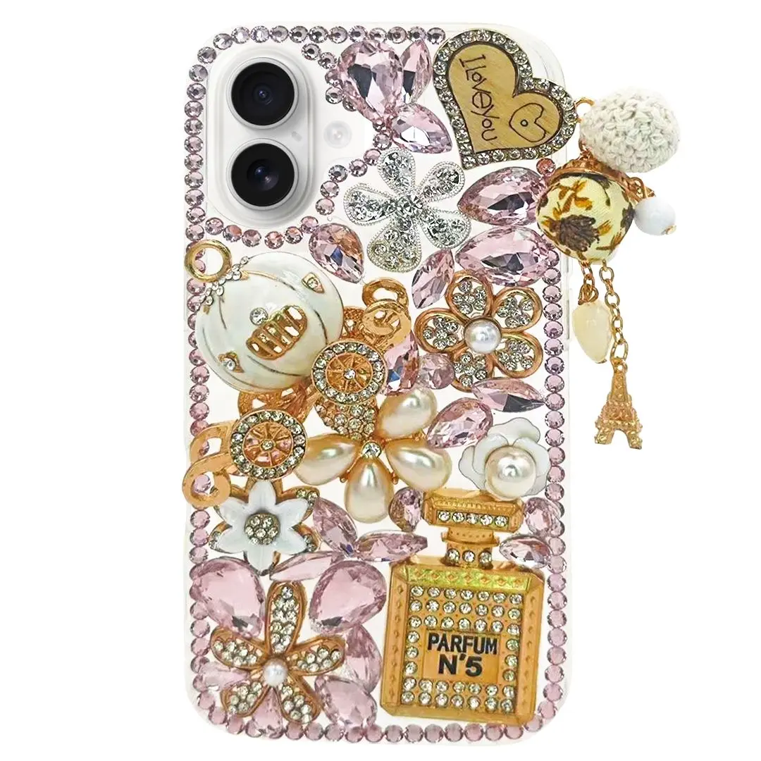 iPhone 17 Dream Crystal Pumpkin Perfume Bottle Full Diamond with Ornaments TPU Case Pink