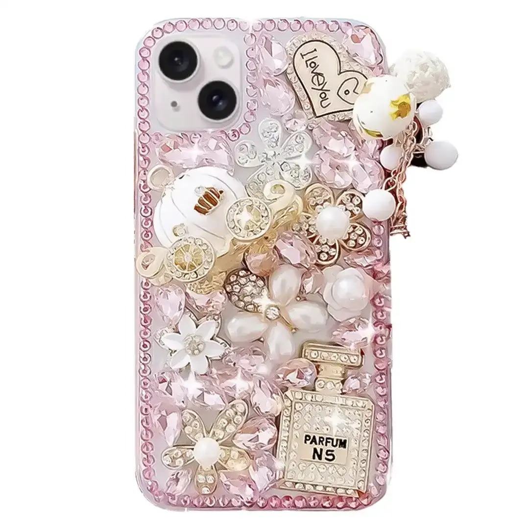 iPhone 15/iPhone 14/iPhone 13 Dream Crystal Pumpkin Perfume Bottle Full Diamond with Ornaments TPU Case Pink