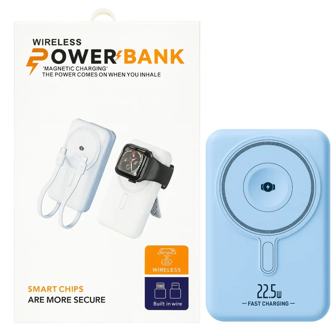 Power Bank- Magnetic Wireless with Built-in Cable 10000mAh Blue