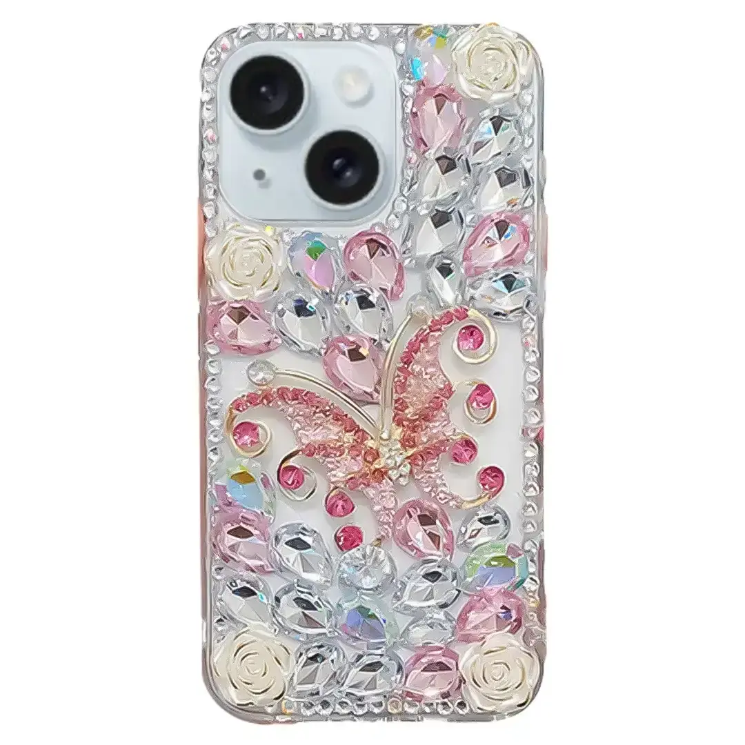 iPhone 15/iPhone 14/iPhone 13 Dream Crystal Butterfly Full Diamond with Ornaments TPU Case Pink