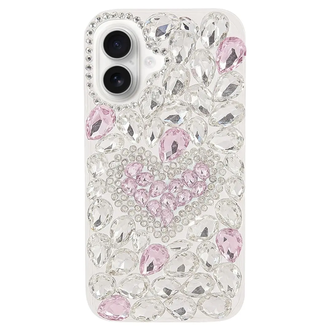 iPhone 16 Dream Crystal Love Full Diamond with Ornaments TPU Case Pink