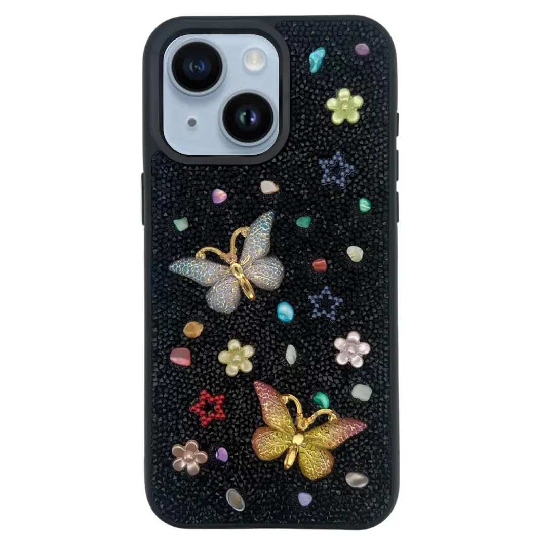 iPhone 15/iPhone 14/iPhone 13 Butterfly and Diamond Bling Case Black