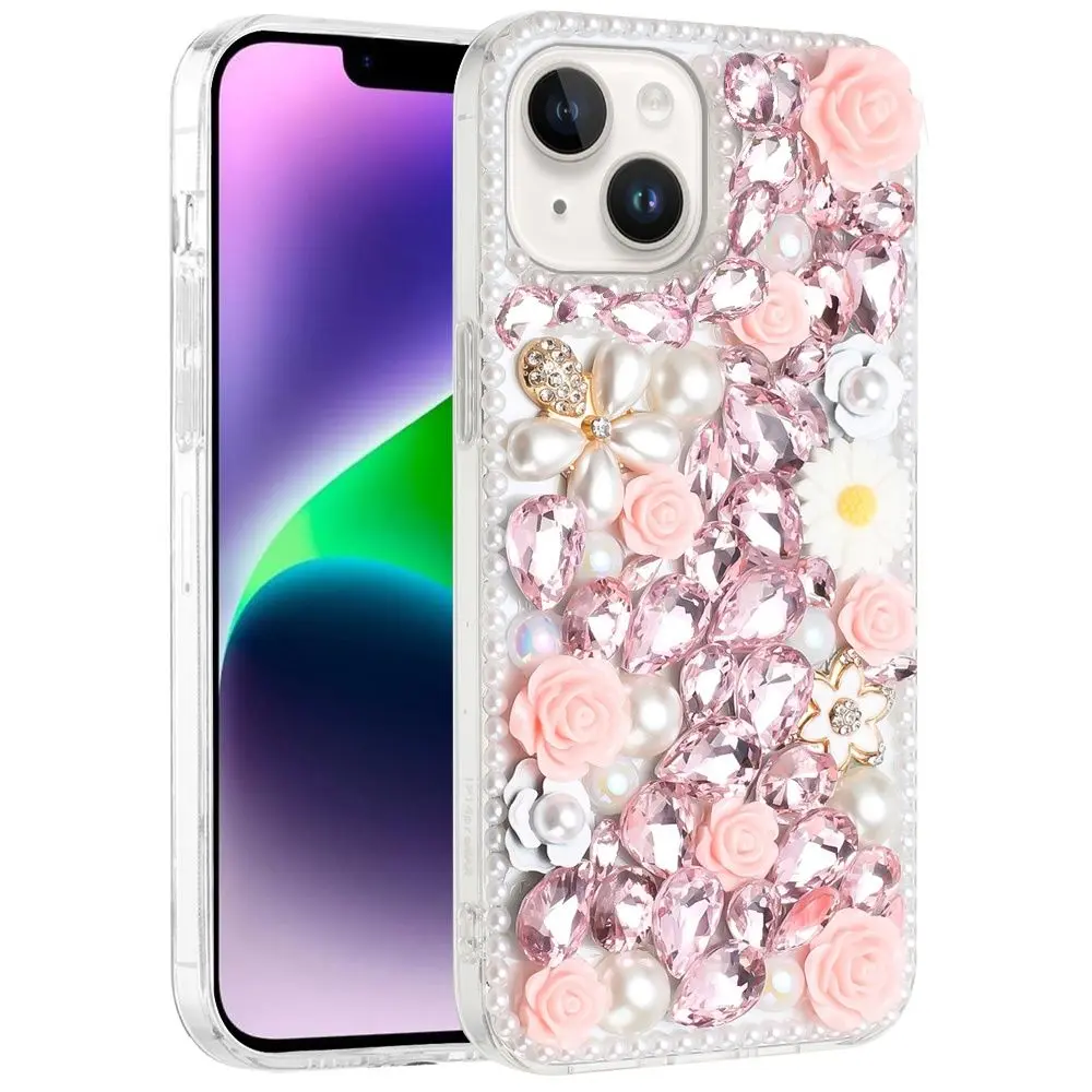 iPhone 15/iPhone 14/iPhone 13 Dream Crystal Gradient Flowers Full Diamond with Ornaments TPU Case Pink