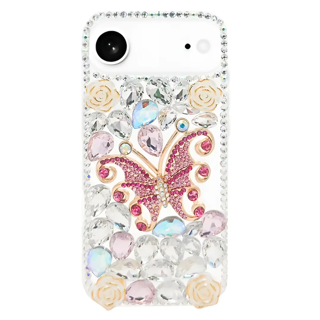 iPhone 17 Air Dream Crystal Butterfly Full Diamond with Ornaments TPU Case Pink