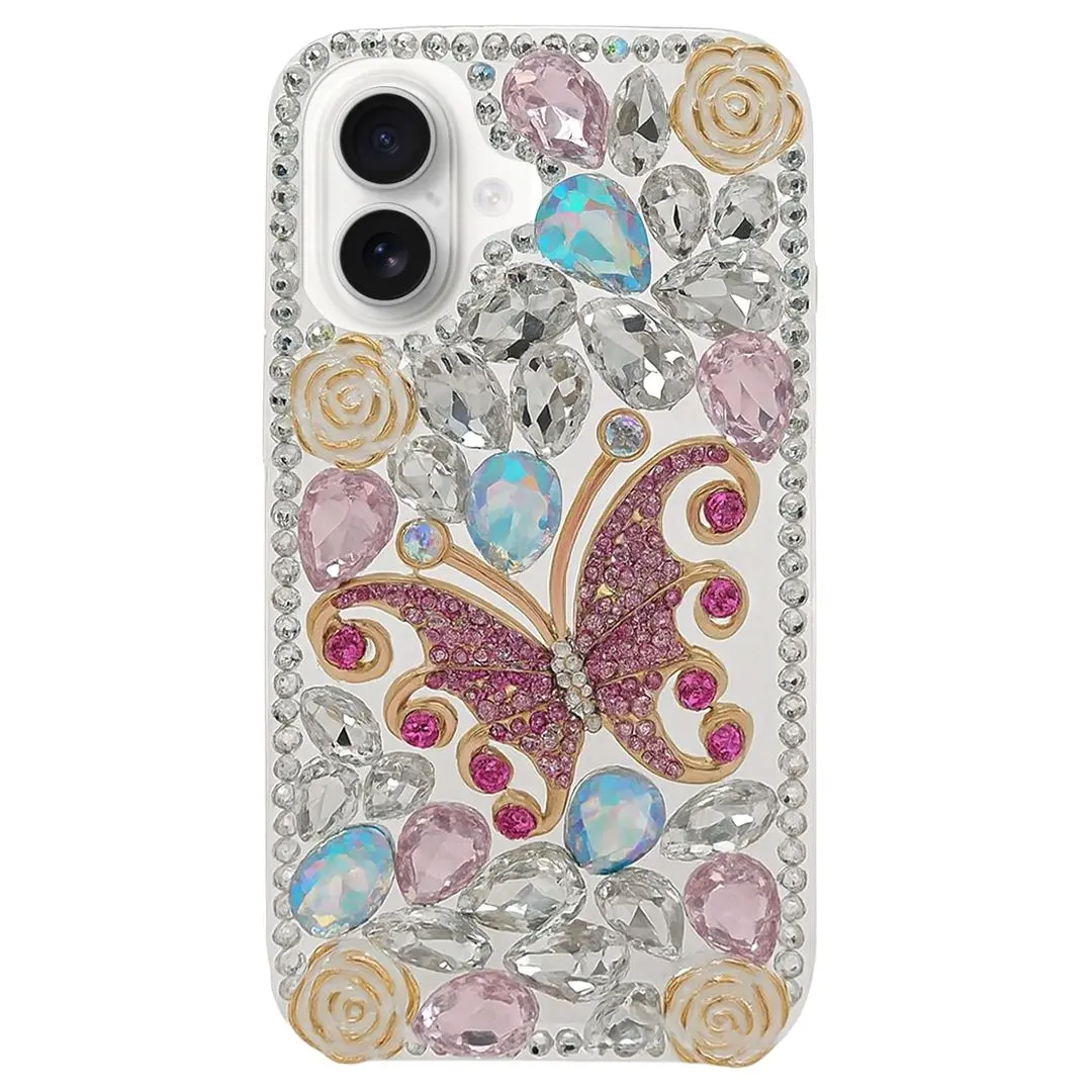iPhone 16 Dream Crystal Butterfly Full Diamond with Ornaments TPU Case Pink