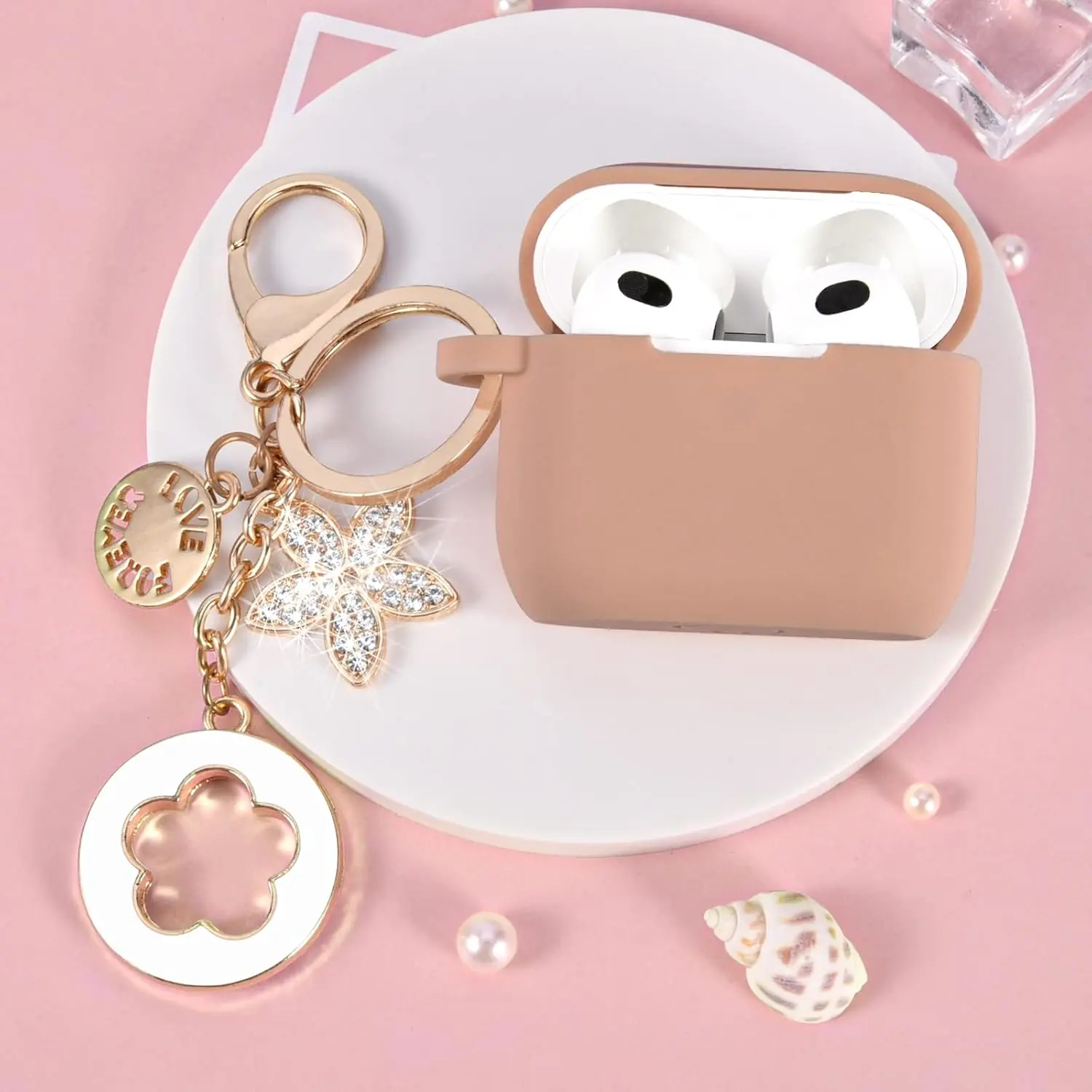 AirPods Pro 3 Silicone Case 2.2mm with Sparkling Keychain Milk Tea