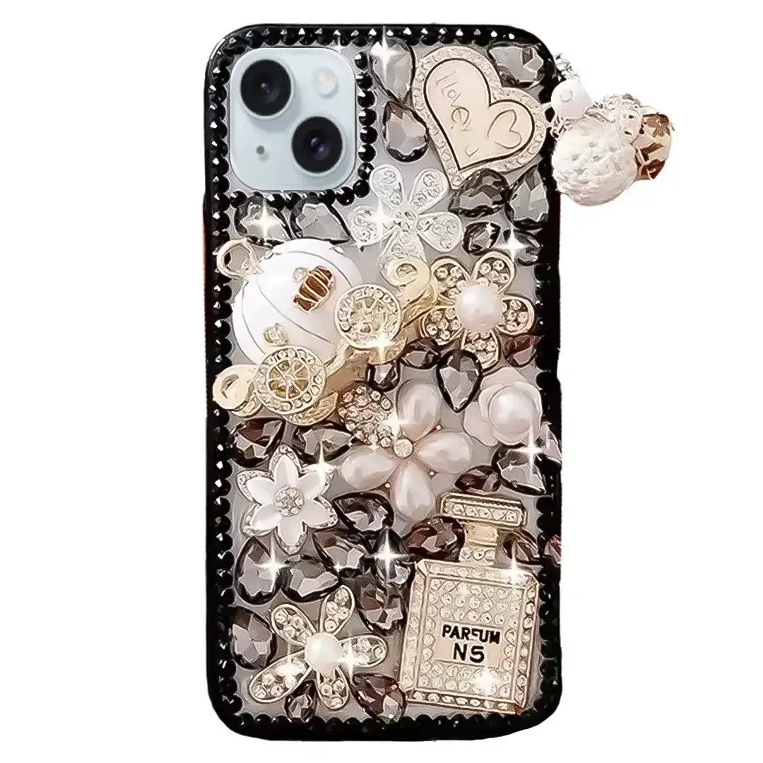 iPhone 15/iPhone 14/iPhone 13 Dream Crystal Pumpkin Perfume Bottle Full Diamond with Ornaments TPU Case Black