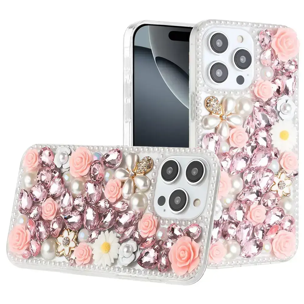 iPhone 17 Air Dream Crystal Gradient Flowers Full Diamond with Ornaments TPU Case Pink