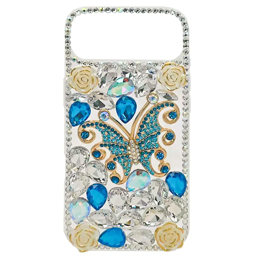 iPhone 17 Air Dream Crystal Butterfly Full Diamond with Ornaments TPU Case Blue