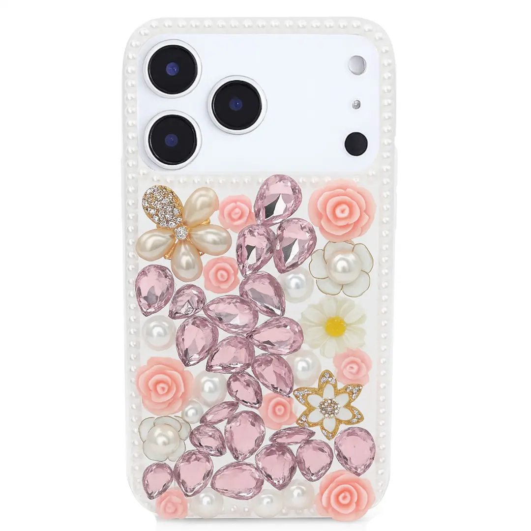 iPhone 17 Pro Dream Crystal Gradient Flowers Full Diamond with Ornaments TPU Case Pink