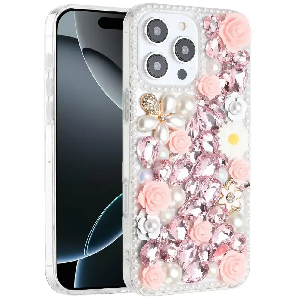 iPhone 17 Air Dream Crystal Gradient Flowers Full Diamond with Ornaments TPU Case Pink